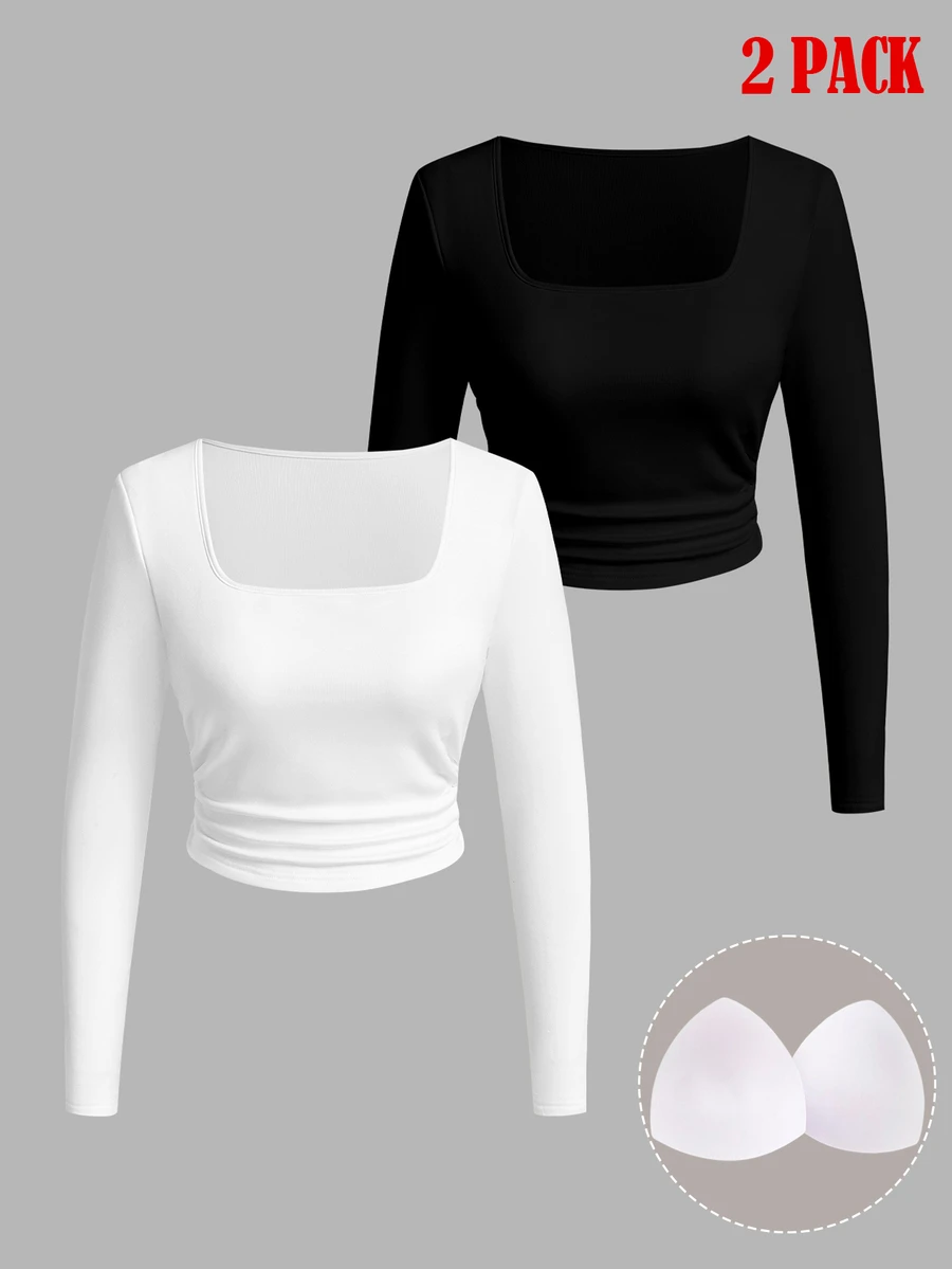 SHEIN LUNE 2-Pack Of Women's Solid Color Square Neck Long-Sleeved Ruched Casual T-Shirts - White - View 1