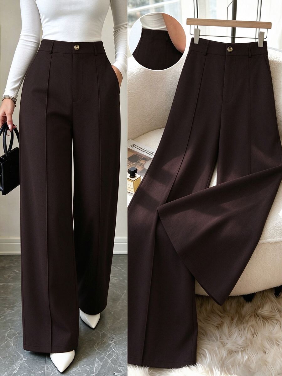 Femmeverse Plus Size Plain Buttonless Simple Design Casual Suit Pants Graduation, Back To School, Teacher For Women Winter Fall Autumn - Rust Brown - View 1