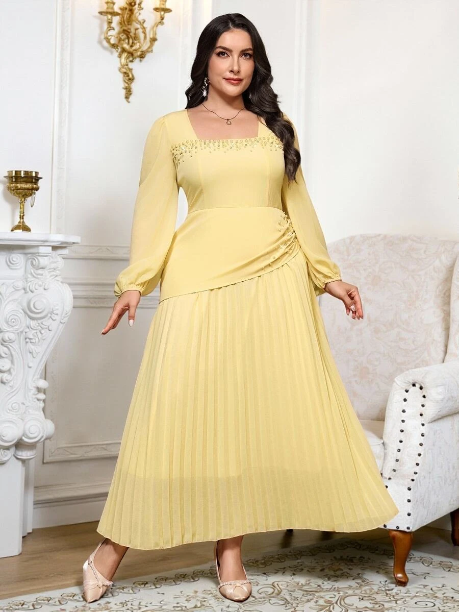 Reflora Plus Size French Sweet Faux Pearl Rhinestone Decorated Pleated ...