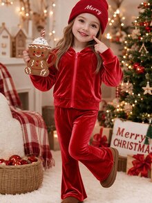 SHEIN 女童紅色天鵝絨連帽長袖外套與長褲套裝，適合秋季，聖誕節7歲生日禮物嬰兒款 - 紅色 - 查看 1