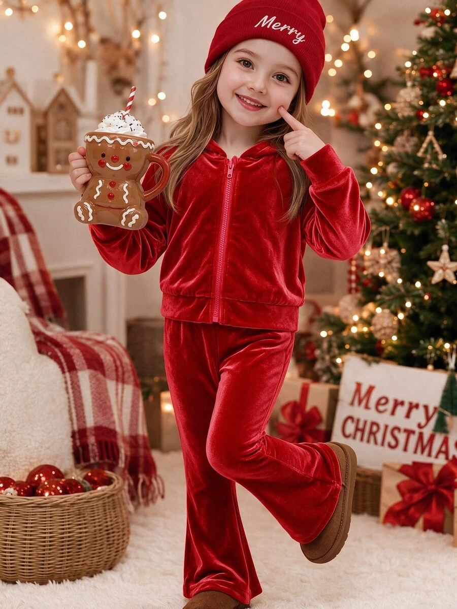 SHEIN 女童紅色天鵝絨連帽長袖外套與長褲套裝,適合秋季,聖誕節7歲生日禮物嬰兒款 - 紅色 - 查看 1