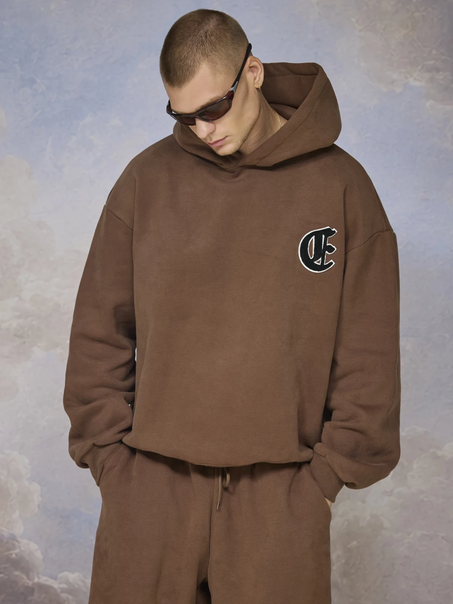 Emperor Men's Heavyweight Brown Embroidered Streetwear Hoodie, Autumn/Winter - Brown - View 1