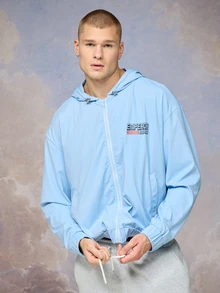 Emperor Men's Light Blue Loose Zip-Up Hooded Jacket, Fall/ Vacation Sports Streetwear - Blue - View 1
