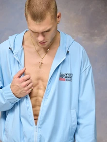 Emperor Men's Light Blue Loose Zip-Up Hooded Jacket, Fall/ Vacation Sports Streetwear - Blue - View 3