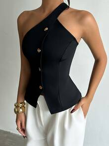 SHEIN Unity Black Asymmetric One Shoulder Button Waistcoat Top,Suitable For Night Bar Gatherings, Atmospheric Dinners,Casual Business Meetings - Black - View 9