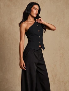 SHEIN Unity Black Asymmetric One Shoulder Button Waistcoat Top,Suitable For Night Bar Gatherings, Atmospheric Dinners,Casual Business Meetings - Black - View 5