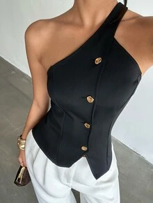 SHEIN Unity Black Asymmetric One Shoulder Button Waistcoat Top,Suitable For Night Bar Gatherings, Atmospheric Dinners,Casual Business Meetings - Black - View 12