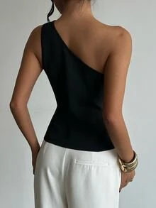 SHEIN Unity Black Asymmetric One Shoulder Button Waistcoat Top,Suitable For Night Bar Gatherings, Atmospheric Dinners,Casual Business Meetings - Black - View 10