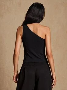 SHEIN Unity Black Asymmetric One Shoulder Button Waistcoat Top,Suitable For Night Bar Gatherings, Atmospheric Dinners,Casual Business Meetings - Black - View 2