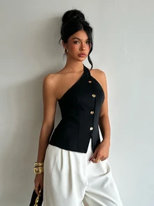 SHEIN Unity Black Asymmetric One Shoulder Button Waistcoat Top,Suitable For Night Bar Gatherings, Atmospheric Dinners,Casual Business Meetings - Black - View 11
