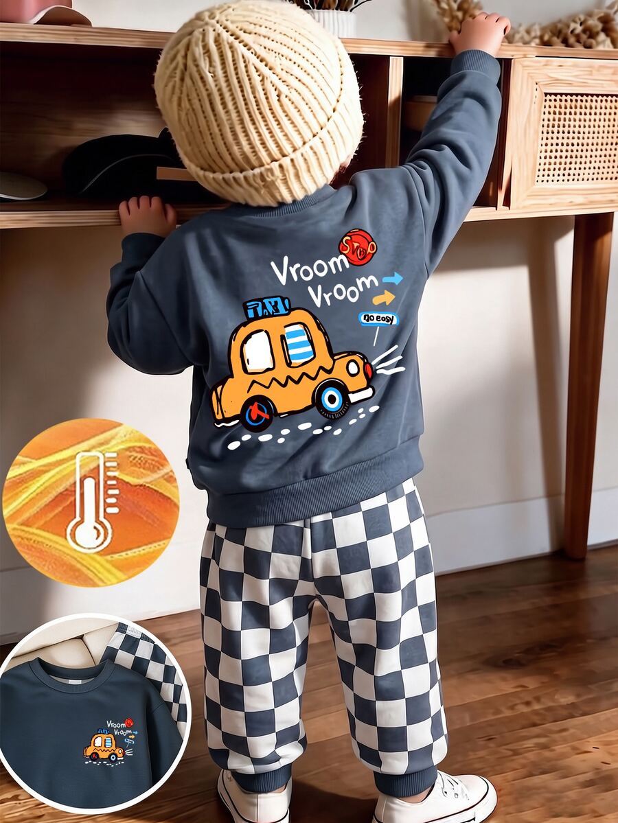 男嬰棋盤格抓絨保暖套裝，幼兒可愛卡通計程車 Vroom 圖案圓領長袖衛衣與長褲 2 件套衣著 - 彩色 - 查看 1