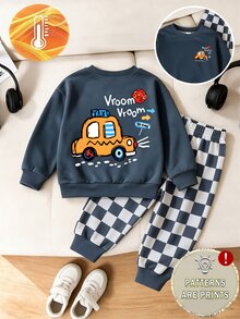 男嬰棋盤格抓絨保暖套裝，幼兒可愛卡通計程車 Vroom 圖案圓領長袖衛衣與長褲 2 件套衣著 - 彩色 - 查看 2