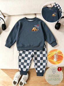 男嬰棋盤格抓絨保暖套裝，幼兒可愛卡通計程車 Vroom 圖案圓領長袖衛衣與長褲 2 件套衣著 - 彩色 - 查看 3