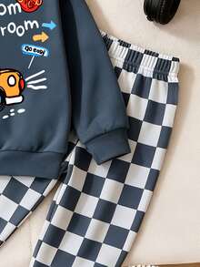 男嬰棋盤格抓絨保暖套裝，幼兒可愛卡通計程車 Vroom 圖案圓領長袖衛衣與長褲 2 件套衣著 - 彩色 - 查看 5