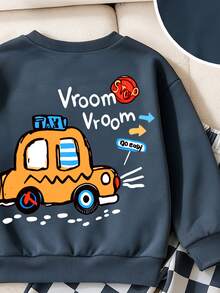 男嬰棋盤格抓絨保暖套裝，幼兒可愛卡通計程車 Vroom 圖案圓領長袖衛衣與長褲 2 件套衣著 - 彩色 - 查看 4