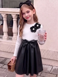 SHEIN Girls Black And White Colorblock 2 In 1 Vertical Ribbed Brushed Fabric Puff Long Sleeve Midi Dress, Shoulder Decor 3D Flower Pearl Bow Waist Belt - Black - View 7