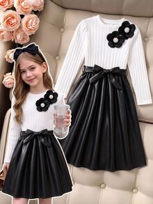 SHEIN Girls Black And White Colorblock 2 In 1 Vertical Ribbed Brushed Fabric Puff Long Sleeve Midi Dress, Shoulder Decor 3D Flower Pearl Bow Waist Belt - Black - View 1