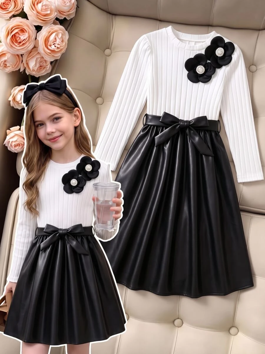 SHEIN Girls Black And White Colorblock 2 In 1 Vertical Ribbed Brushed Fabric Puff Long Sleeve Midi Dress, Shoulder Decor 3D Flower Pearl Bow Waist Belt - Black - View 1