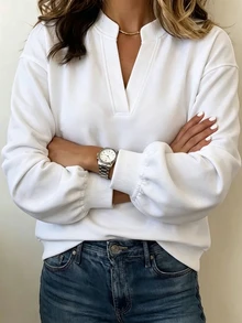SHEIN Women's Autumn/Winter New Minimalist Solid Color Small V-Neck Long Sleeve Sweatshirt, Loose Fit Slimming Concealing Body Shape Versatile Commute Casual Minimalist Versatile, Suitable For Daily Commute Casual Wear - White - View 5