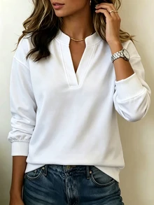 SHEIN Women's Autumn/Winter New Minimalist Solid Color Small V-Neck Long Sleeve Sweatshirt, Loose Fit Slimming Concealing Body Shape Versatile Commute Casual Minimalist Versatile, Suitable For Daily Commute Casual Wear - White - View 2