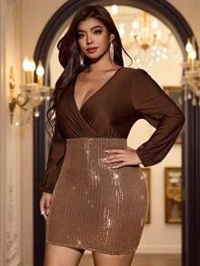 Velvienne Plus Size Women's Long Sleeve V-Neck Sequin Patchwork Wrap Short Party Elegant Gathering Dress Fall - Brown - View 4