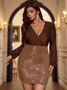 Velvienne Plus Size Women's Long Sleeve V-Neck Sequin Patchwork Wrap Short Party Elegant Gathering Dress Fall - Brown - View 3