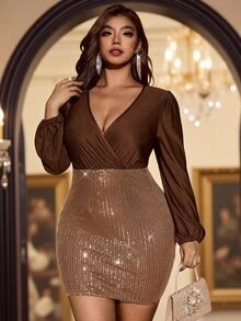 Velvienne Plus Size Women's Long Sleeve V-Neck Sequin Patchwork Wrap Short Party Elegant Gathering Dress Fall - Brown - View 6