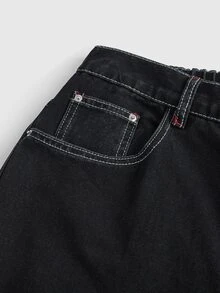 ROMWE Grunge Punk بنطلون جينز واسع الساق فضفاض بأسلوب الشارع العتيق مقاس كبير مع تطريز العنكبوت على الجيب الخلفي - الأسود - مشاهدة 4