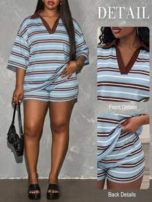 Veslaya Casual Baggy Traditional Minimalist Sky Blue Striped Print Plus Size 2 Pieces Set Suitable For Summer Brunch Lounge Formal Vacation Date Night Office - Multicolor - View 5
