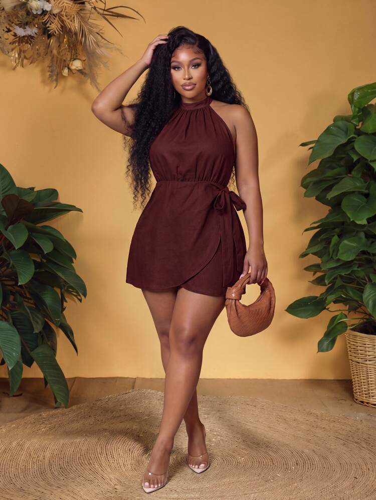Veslaya Plus Size Women's Solid Color Side Tie Waist Halter Neck Vacation Dress Date Night Brown Summer Elegant Glamorous Sexy - Burgundy - View 1