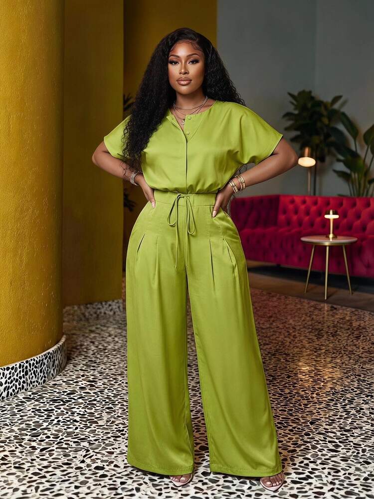 Veslaya 2 Pieces Set Women Plus Size Mint Green Summer Elegant Tea Party Formal Office Outfit, Loose Wide Sleeve Drawstring Hem Cropped Top, Wide Leg - Army Green - View 1