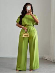 Veslaya Setelan 2 Potong Wanita Ukuran Plus Warna Hijau Mint Musim Panas Elegan untuk Pesta Teh Formal Kantor, Atasan Pendek Lengan Lebar Longgar dengan Tali Serut di Bagian Bawah, Celana Lebar - Hijau Tentara - View 4