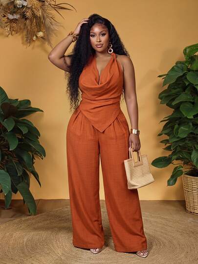Veslaya Rust Orange Summer Elegant Vacation Wedding Evening Ninang Women Halter Jumpsuit Burnt Orange Jumpsuits For Women Music Festival Easter Daily Wear