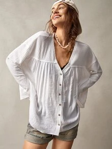 Bohemela Casual Boho Knit Solid Color V-Neck Long Sleeve Loose Fit Women's Blouse Vacation All White Fall Brunch - White - View 8