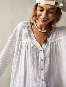 Bohemela Casual Boho Knit Solid Color V-Neck Long Sleeve Loose Fit Women's Blouse Vacation All White Fall Brunch - White - View 6