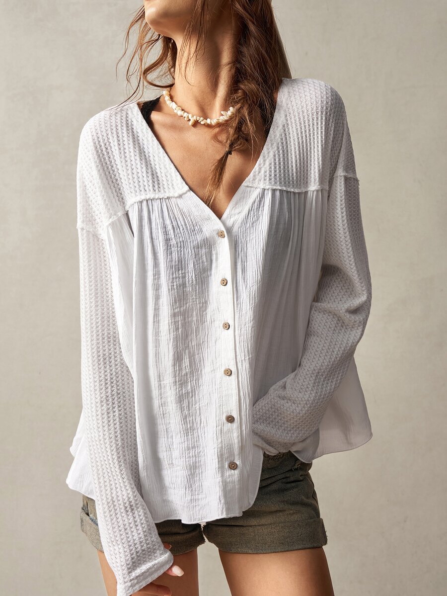 Bohemela Casual Boho Knit Solid Color V-Neck Long Sleeve Loose Fit Women's Blouse Vacation All White Fall Brunch - White - View 1