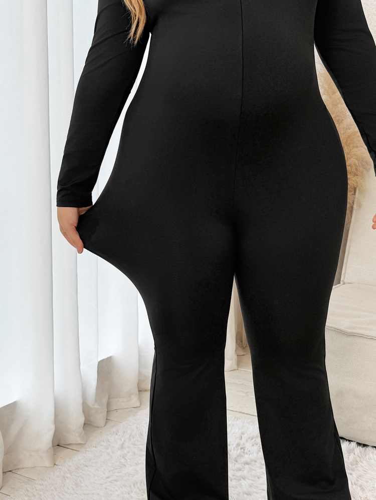 Plussiva 大尺碼孕婦純色方領長袖休閒喇叭褲連身褲女款冬季家居服 - 黑色 - 查看 7