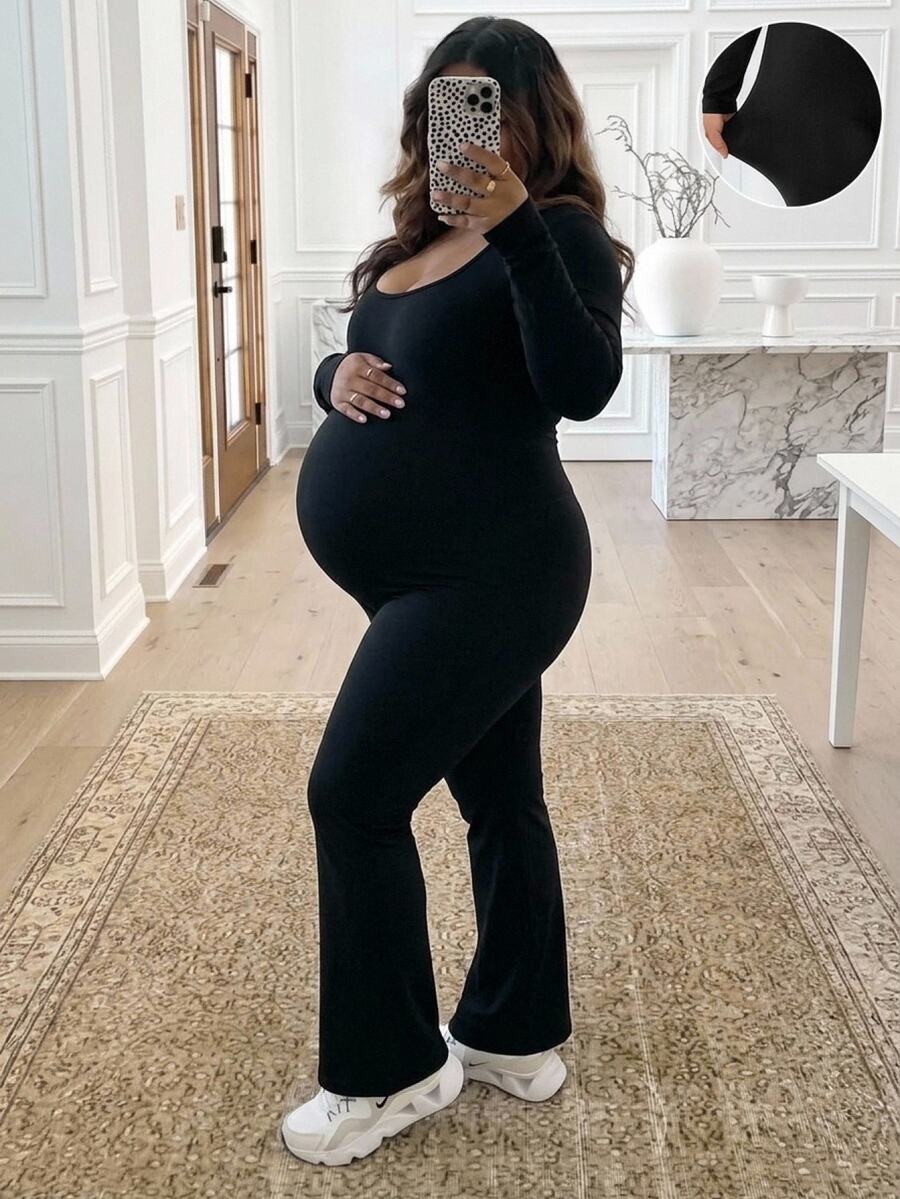 Plussiva Plus Size Maternity Solid Color Square Neck Long Sleeve Casual Flare Leg Jumpsuit Ladies Winter Housecoat Fall - Black - View 1