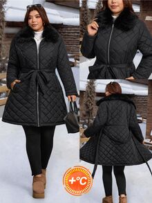 SHEIN LUNE Plus Size Women's Plush Patchwork Casual Versatile Winter Padded Coat - Black - View 9