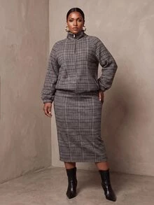 Veslaya Plus Size Plaid Print High Neck Raglan Sleeve Top & Skirt Set - Multicolor - View 6