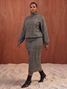 Veslaya Plus Size Plaid Print High Neck Raglan Sleeve Top & Skirt Set - Multicolor - View 2