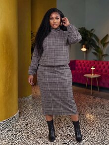 Veslaya Plus Size Plaid Print High Neck Raglan Sleeve Top & Skirt Set - Multicolor - View 3