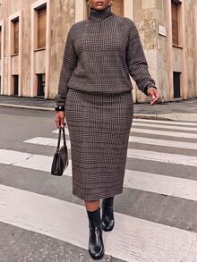 Veslaya Plus Size Plaid Print High Neck Raglan Sleeve Top & Skirt Set - Multicolor - View 8