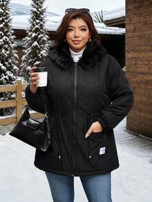 SHEIN Clasi Plus Size Faux Rabbit Fur Lined Parka Hooded Jacket With Long Sleeves Holiday Going Out Homewear Black Winter Casual Capsule Baggy - Black - View 11