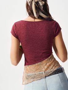 Bohemela Women's Contrast Lace Round Neck Cap Sleeve Fitted Fashion T-Shirt - Multicolor - View 8