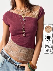Bohemela Women's Contrast Lace Round Neck Cap Sleeve Fitted Fashion T-Shirt - Multicolor - View 1