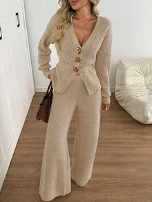SHEIN 女款新款秋季駝色針織兩件套,V領開襟衫配金屬鈕扣,收腰修身剪裁,搭配簡約休閒日常旅行款 - 卡其色 - 查看 6