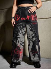 ROMWE Grunge Punk Celana Jeans Denim Wanita Ukuran Plus Gaya Punk Jepang dengan Potongan Lebar, Motif Jaring Laba-laba Karakter Kartun, Desain Kontras Hitam & Merah, Celana Panjang untuk Festival Musik Punk di Jalanan - Hitam - View 6