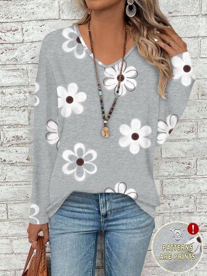 EMERY ROSE Women's Plus Size Gray V-Neck Long Sleeve T-Shirt,Floral Print Flowy Loose Fit Everyday Smart Casual,White Flower Autumn Vacation Valentine's Day Gift