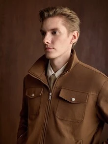 Formmaro Men's Autumn/Winter Daily Commute Stand Collar Zip-Up Jacket, Brown, Old Money - Brown - View 3